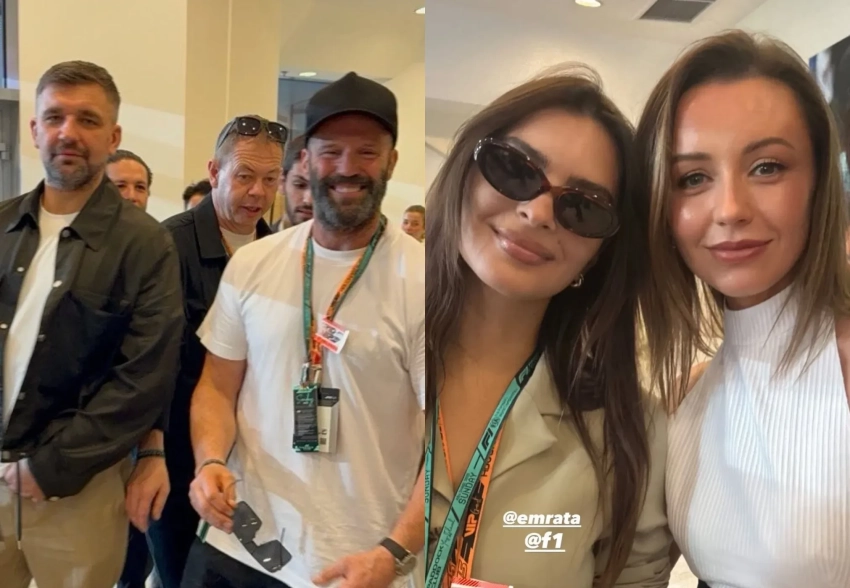 Джейсон Стэтхем с сыном, Баста с женой Еленой Вакуленко-Пинской, Оксана Самойлова и Эмили Ратаковски на Гран-при "Формулы-1"